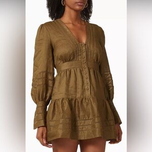 Shona Joy Benedetta Plunged Mini Dress Womens 6 Bayleaf Brown Linen Fit & Flare